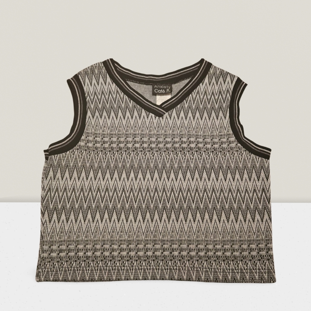 Anxiety Cafe Printed Vintage V Neck Sweater Vest Large Black And White 1990s